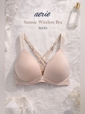 Aerie Sunnie Wireless Bra 36DD Nude Lace Strap Criss Cross Back